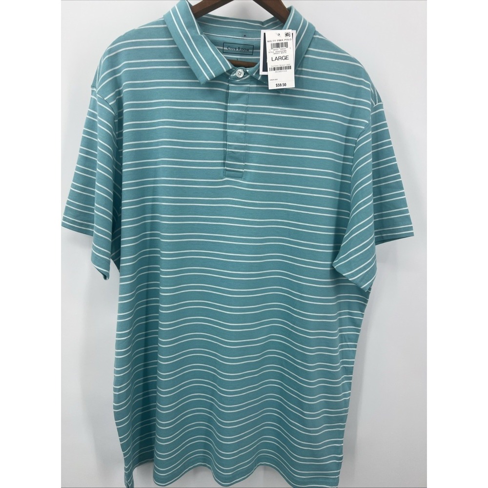 Men's 100% Pima Cotton Polo Golf Shirt Turquoise Striped Short Sleeve Size L NWT